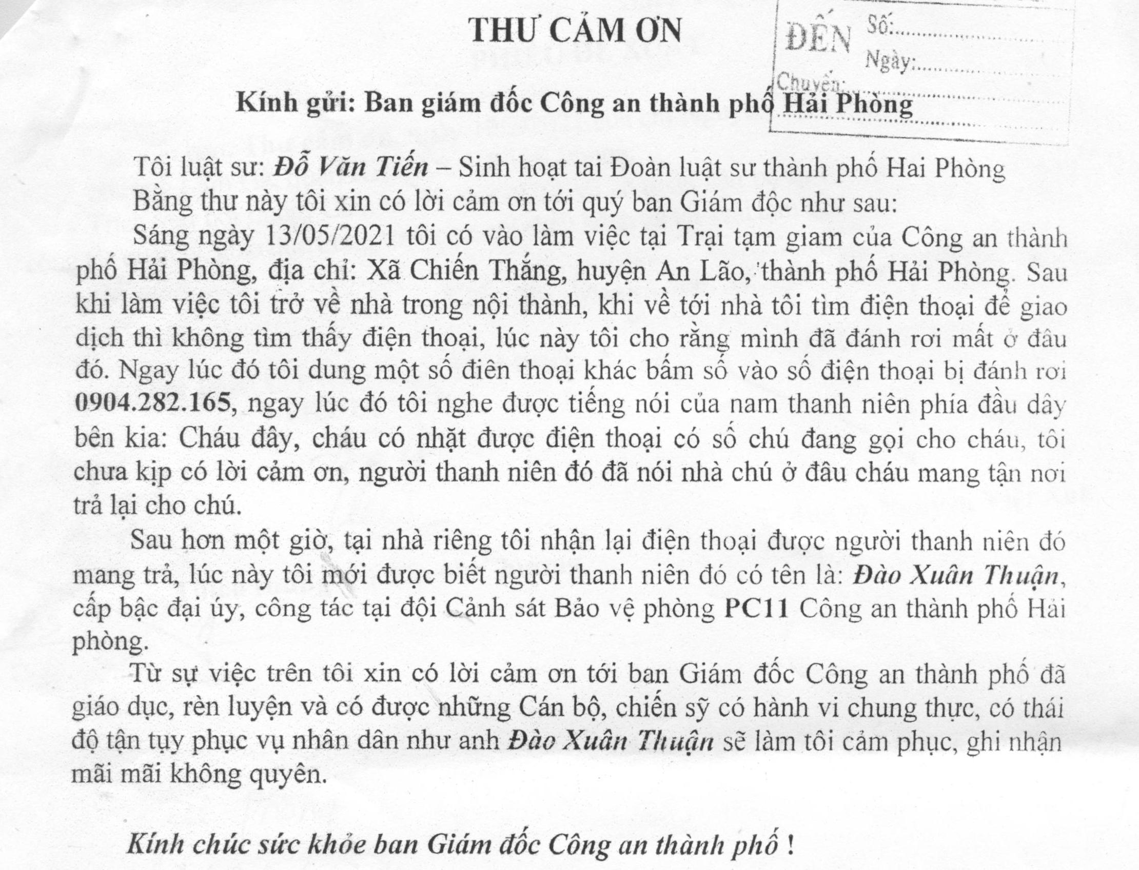 Luật sư Đỗ Văn Tiến - Đoàn luật sư thành phố Hải Phòng gửi thư cảm ơn